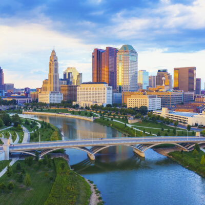 Aerial view of Downtown Columbus Ohio with Scioto river