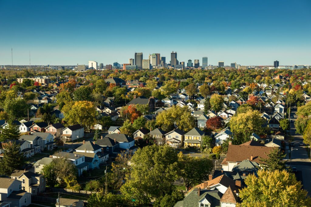Aerial still image of the Downtown Columbus skyline.